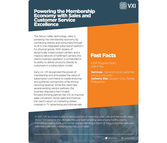 VXI case study cover: Powering the Membership Economy with Sales and Customer Service Excellence.