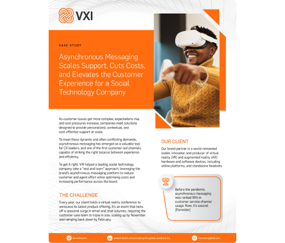 Cover of a case study by VXI titled 'Asynchronous Messaging Scales Support, Cuts Costs, and Elevates the CX for a Social Technology Company'.