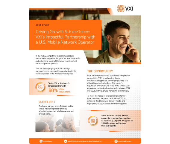 Cover of a case study by VXI titled 'Driving Growth and Excellence - VXI's Impactful Partnership with a US Mobile Network Operator'.