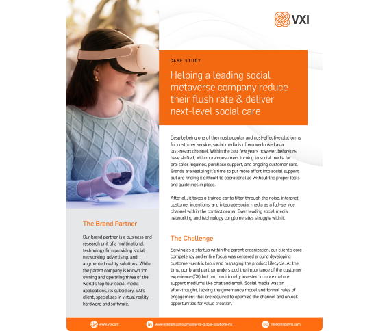 A detailed VXI case study cover on 'Helping a leading social metaverse company reduce their flush rate & deliver next-level social care'.