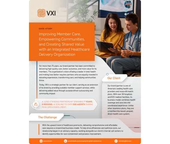 Cover page of a VXI case study discussing 'Improving Member Care and Empowering Communities, with an Integrated Healthcare Delivery Organization'.