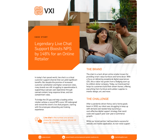 Cover of a VXI case study showing a title 'Legendary Live Chat Support Boosts NPS by 148% for an Online Retailer'.