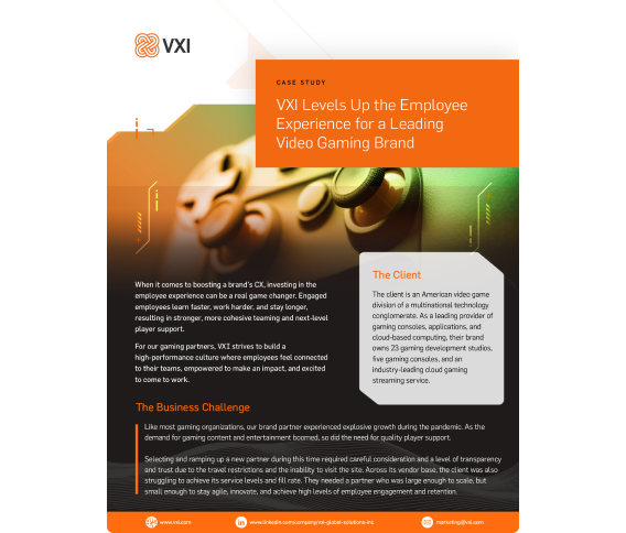 Cover page of a case study by VXI titled 'VXI Levels Up the Employee Experience for a Leading Video Gaming Brand'.