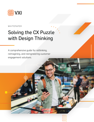 Cover of the VXI whitepaper 'Solving the CX Puzzle with Design Thinking,' featuring a happy man with a smartphone, illustrating customer engagement.