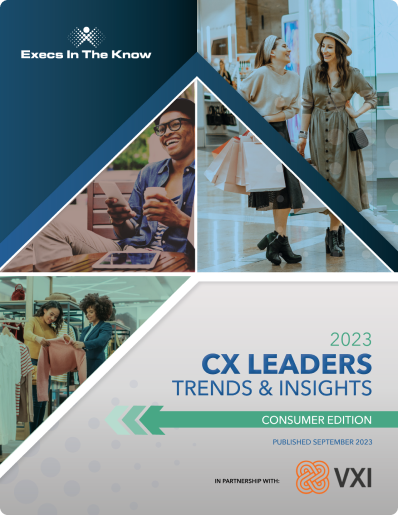 Cover of the '2023 CX Leaders Trends & Insights Consumer Edition' report featuring images of happy shoppers and individuals using technology.