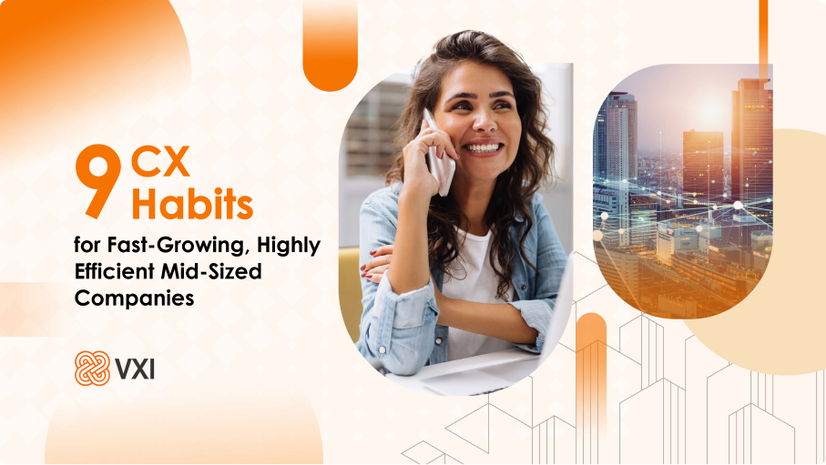 Smiling woman on phone with cityscape background, featuring text '9 CX Habits for Fast-Growing, Highly Efficient Mid-Sized Companies' by VXI.